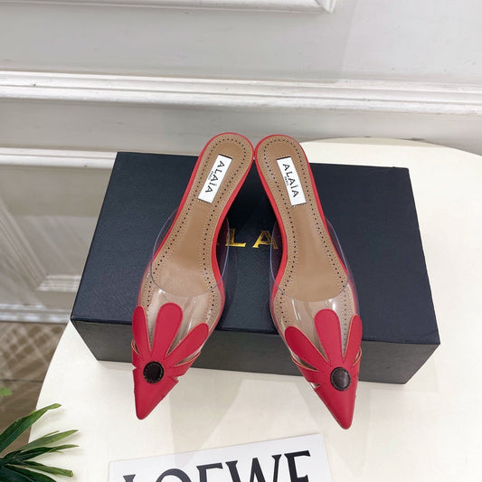 ALAIA 26S MULE HEELS 55 MM IN DARK RED LAMBSKIN AND TRANSPARENT PVC