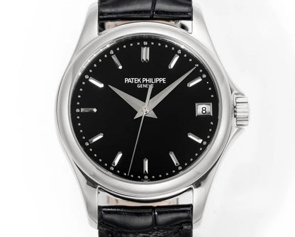Patek Philippe Calatrava 37mm Black Dial Black Leather Strap