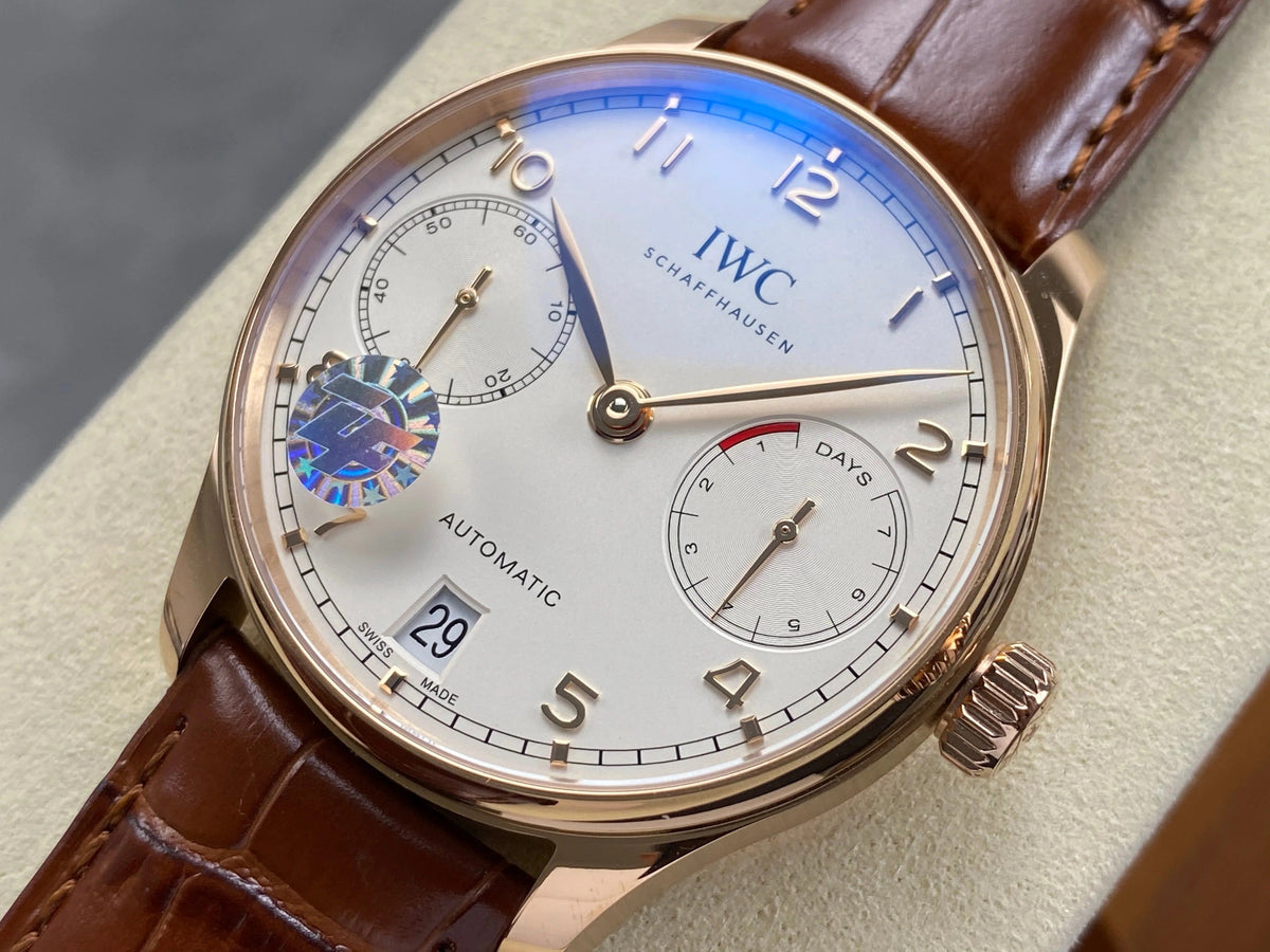 IWC Portuguese 42mm Cream Dial Pink Gold Case Crocodile Leather
