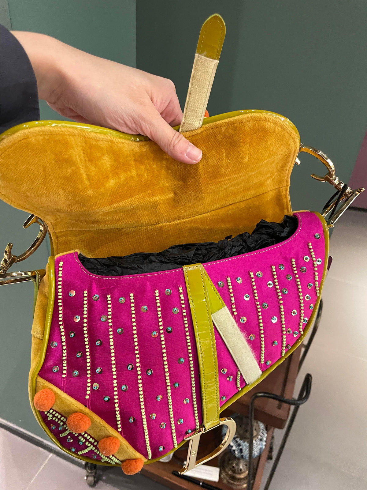 Limited Edition John Galliano era Dior Saddle bag with pompom and bead Rovelle Bags