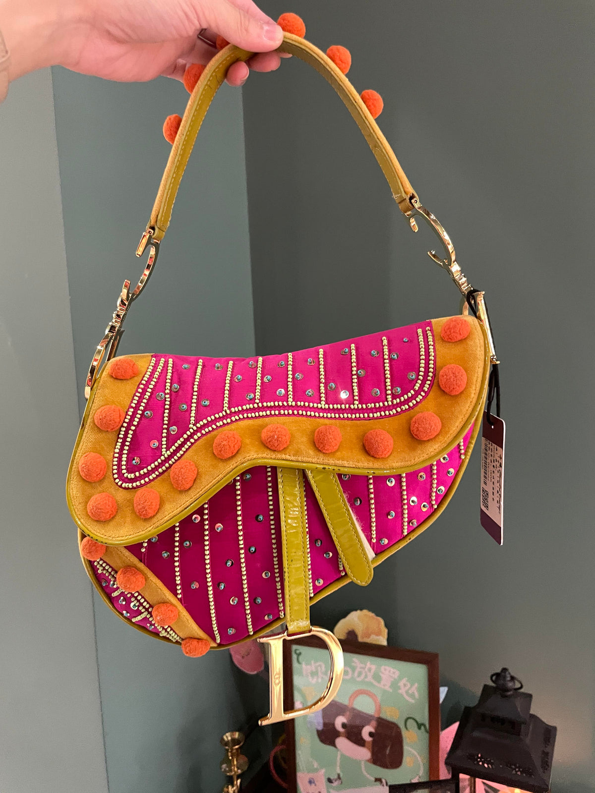 Limited Edition John Galliano era Dior Saddle bag with pompom and bead Rovelle Bags