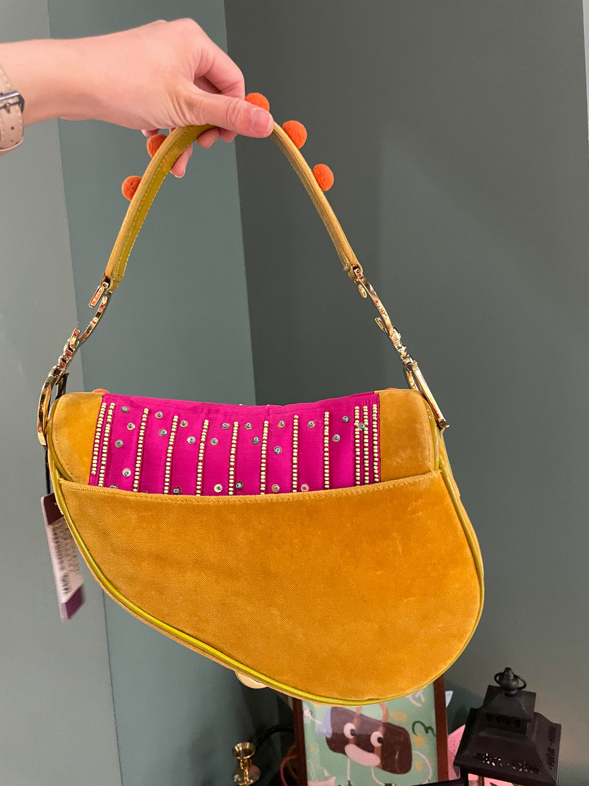 Limited Edition John Galliano era Dior Saddle bag with pompom and bead Rovelle Bags