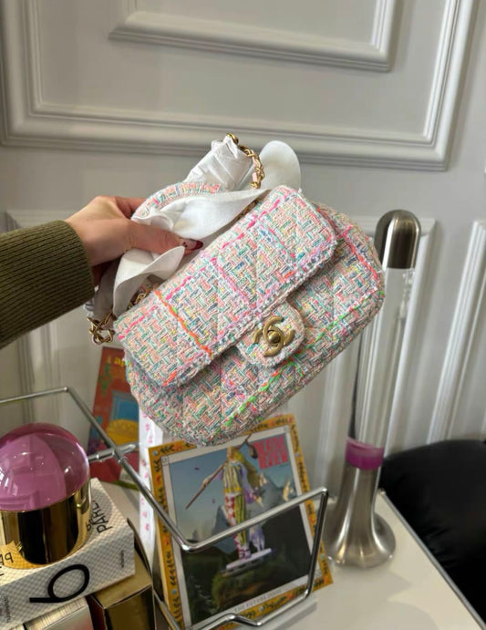 Chanel Mini Flap Bag With Top Handle Pink Tweed Antique Gold Hardware Rovelle Bags