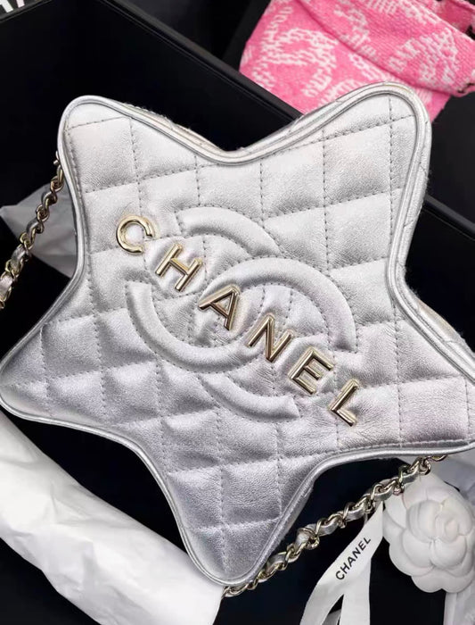 24C Chanel Silver Metallic Lambskin Star Logo Runway Bag Nwt Rovelle Bags