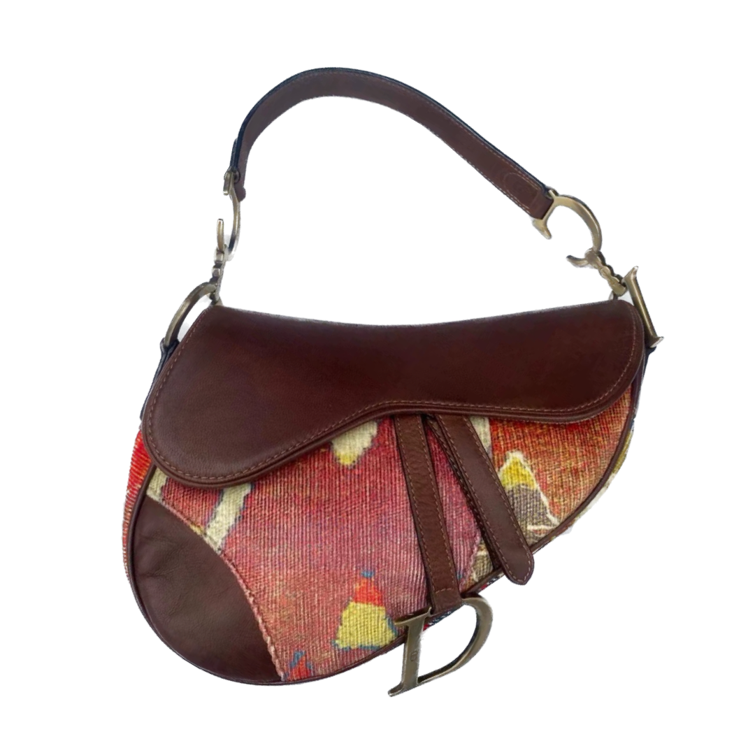 Dior Saddle bag brown leather and printed velvet RARE Rovelle Bags