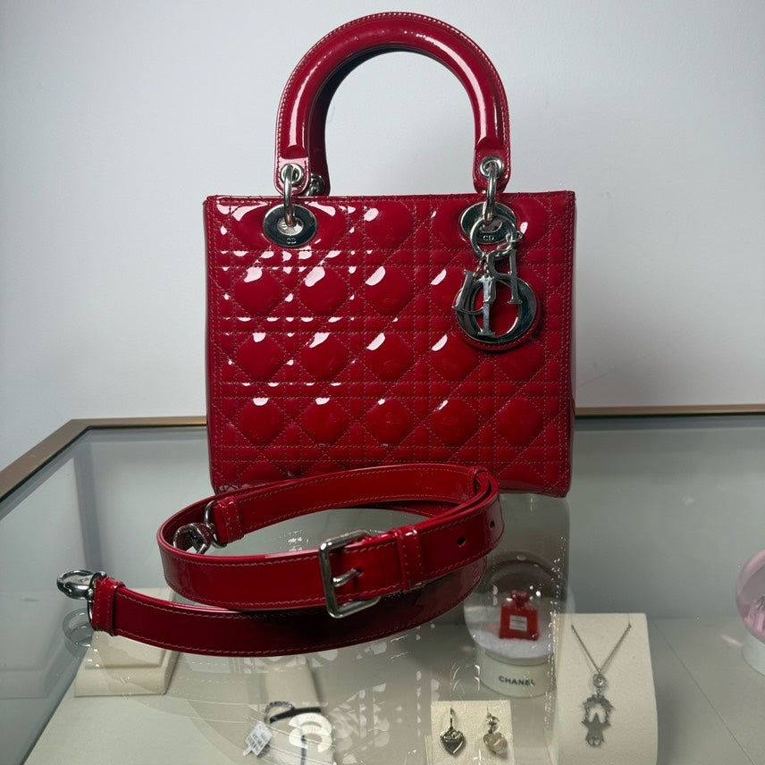Dior Lady Dior Red Patent Leather Mm 2Ways Bag Rovelle Bags