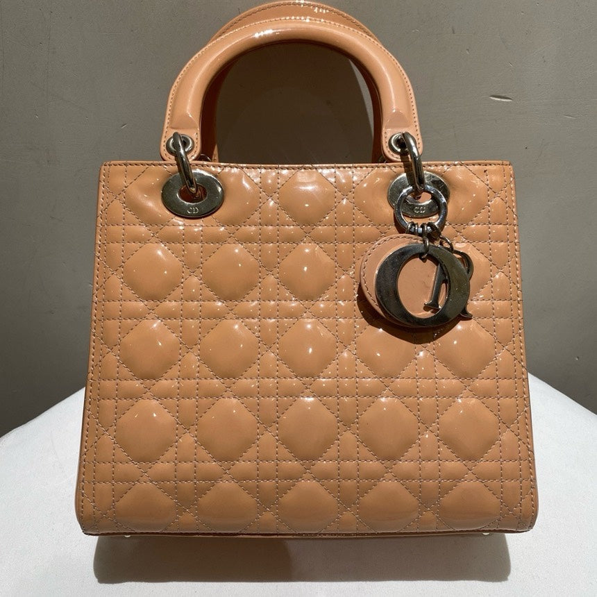 Dior Lady Patent Leather Bag Beige Pink Medium Rovelle Bags
