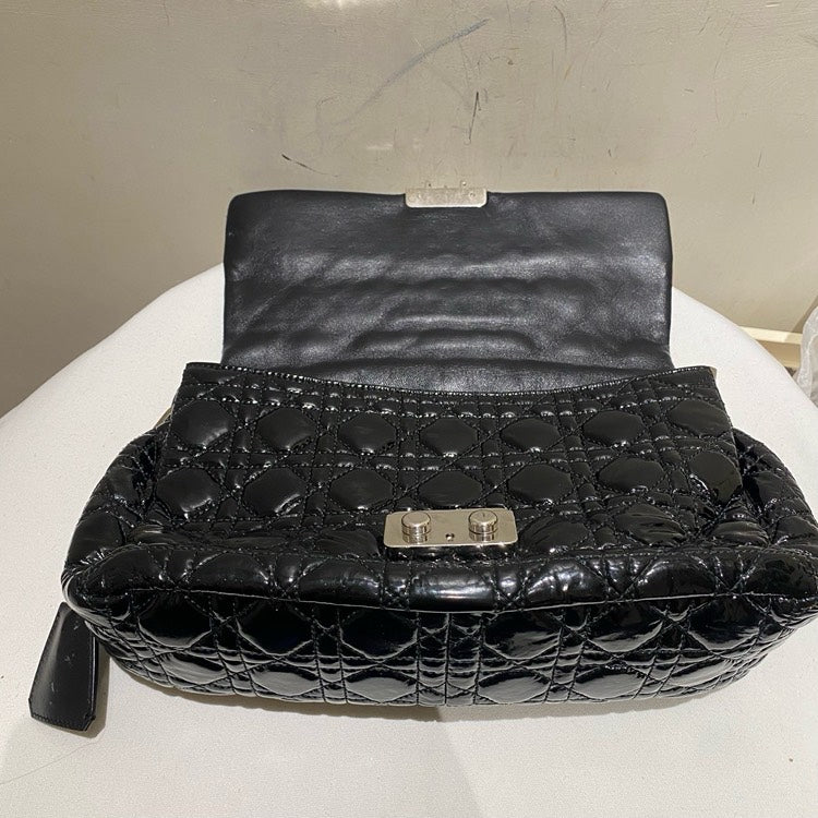 Dior Black Patent Leather Handbag Quilted Medium Rovelle Bags