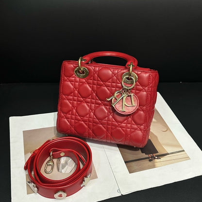Dior Lady Red Leather Quilted Handbag Medium Rovelle Bags