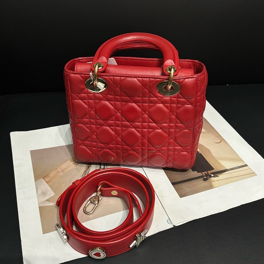 Dior Lady Red Leather Quilted Handbag Medium Rovelle Bags