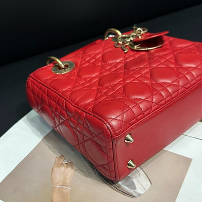 Dior Lady Red Leather Quilted Handbag Medium Rovelle Bags