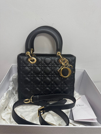 Lady Dior Medium Black Leather Top Handle Bag With Gold Hardware - Full Set Rovelle Bags