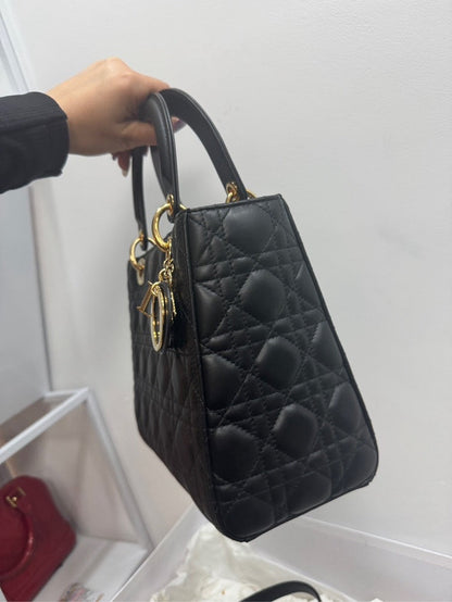 Lady Dior Medium Black Leather Top Handle Bag With Gold Hardware - Full Set Rovelle Bags