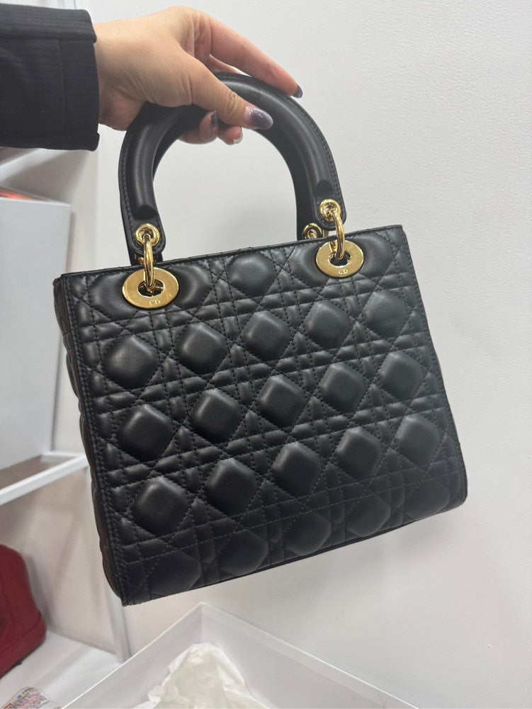 Lady Dior Medium Black Leather Top Handle Bag With Gold Hardware - Full Set Rovelle Bags