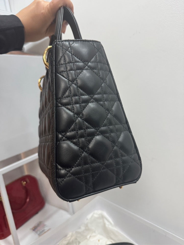 Lady Dior Medium Black Leather Top Handle Bag With Gold Hardware - Full Set Rovelle Bags