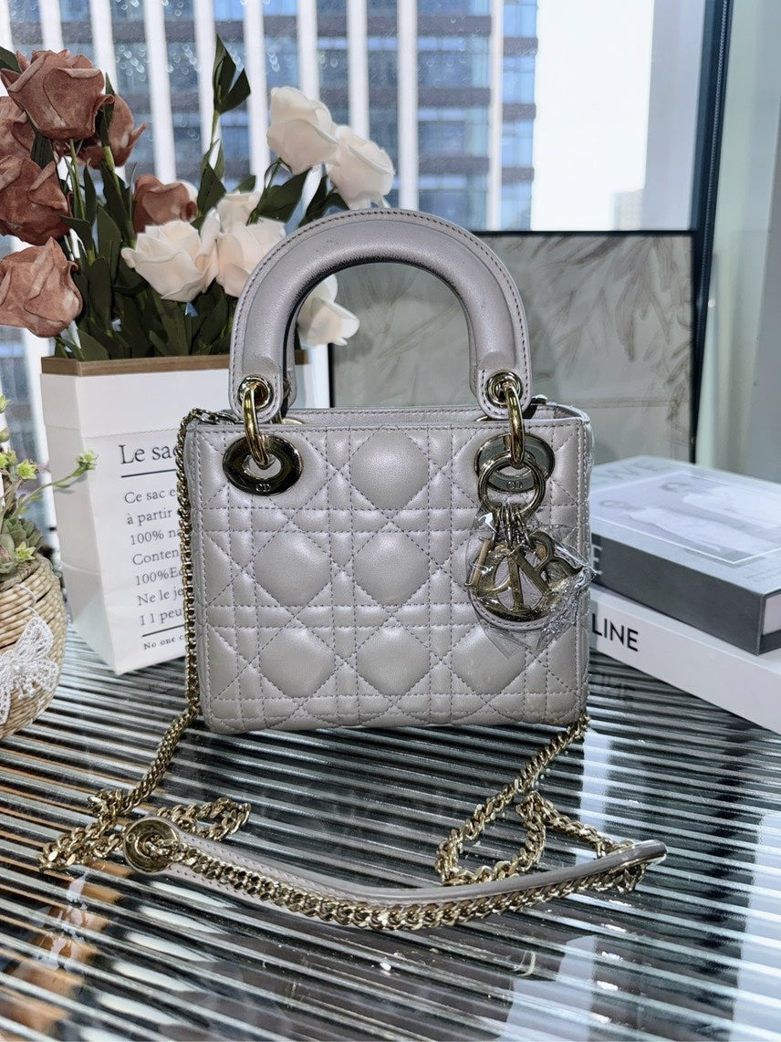 Dior Lady Dior Silver Leather Medium Shoulder Bag Rovelle Bags