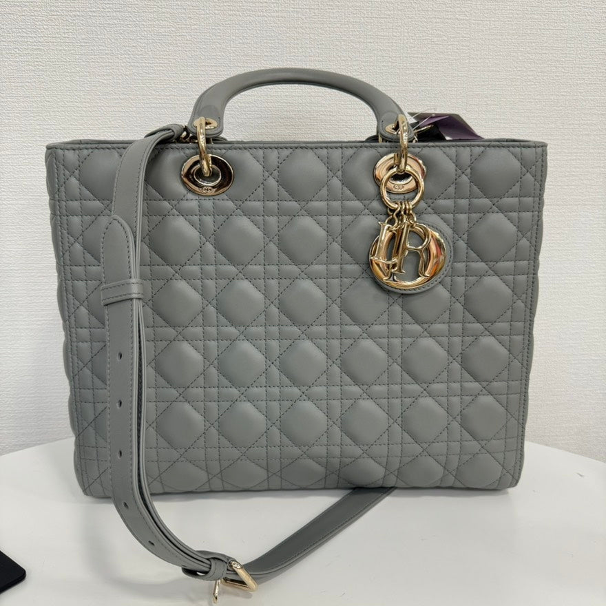 A Rank Dior Lambskin Lady Dior 2Way Bag Large Gray Fm0081 Rovelle Bags