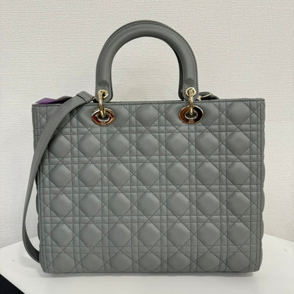 A Rank Dior Lambskin Lady Dior 2Way Bag Large Gray Fm0081 Rovelle Bags