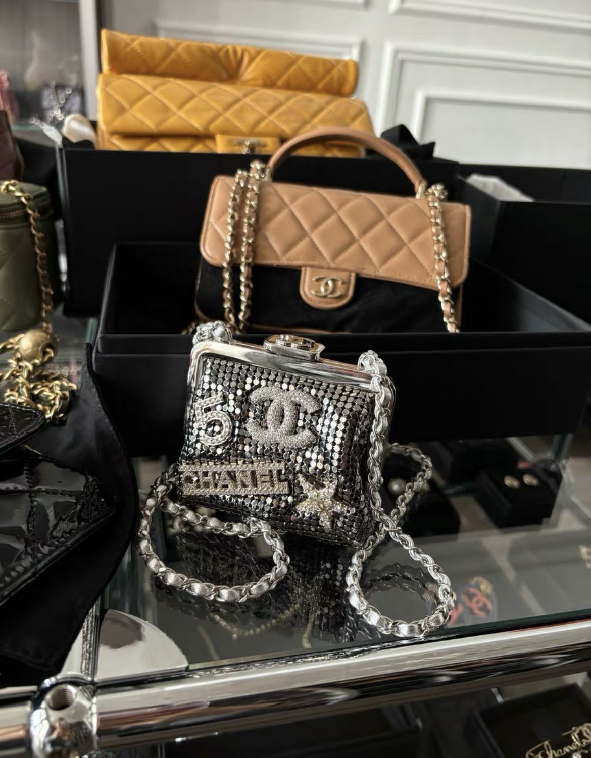Chanel Luxury Leather Silver Clutch Silver Rovelle Bags