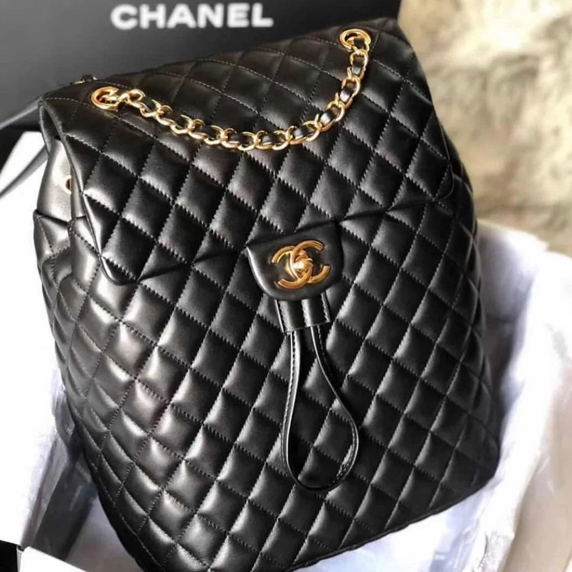 Chanel Gold Tone Metal Black Backpack