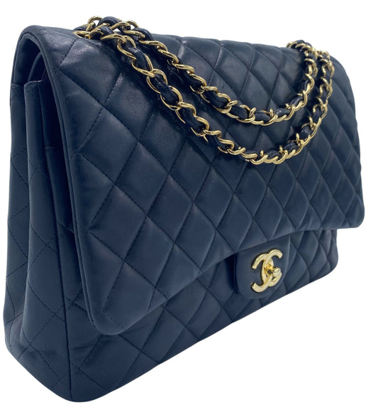 Chanel Maxi Dark Navy Lambskin Timeless Classic Double Flap Bag Gold Hardware Ghw Rovelle Bags