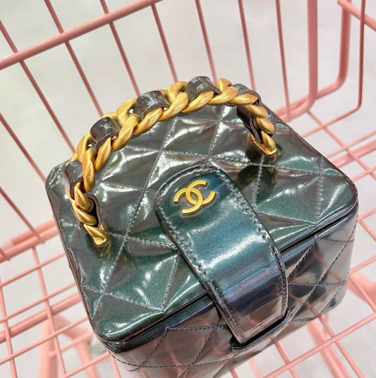 Chanel Vanity Case Micro Mini 90S Green Rare Patent Clutch Rovelle Bags