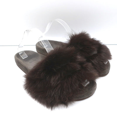 Brunello Cucinelli Monili-Trimmed Fur Slide Sandals Brown/Gray Size 41