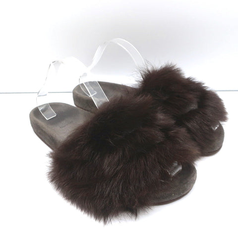 Brunello Cucinelli Monili-Trimmed Fur Slide Sandals Brown/Gray Size 41