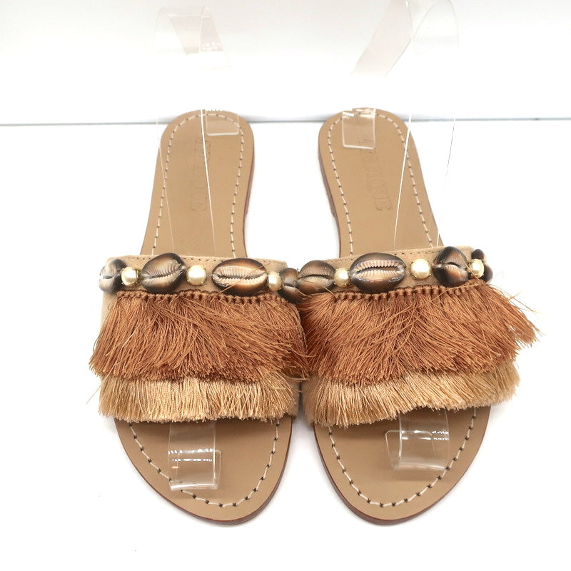 Mystique Shell-Embellished Fringed Slide Sandals Beige Suede Size 7 NEW