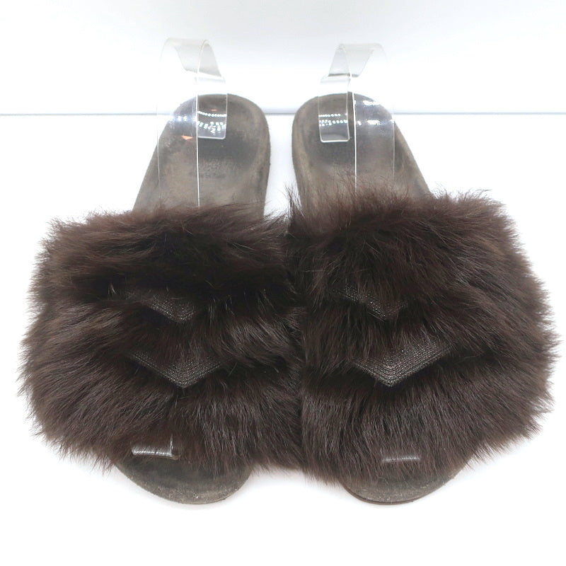 Brunello Cucinelli Monili-Trimmed Fur Slide Sandals Brown/Gray Size 41