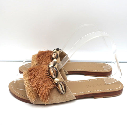 Mystique Shell-Embellished Fringed Slide Sandals Beige Suede Size 7 NEW