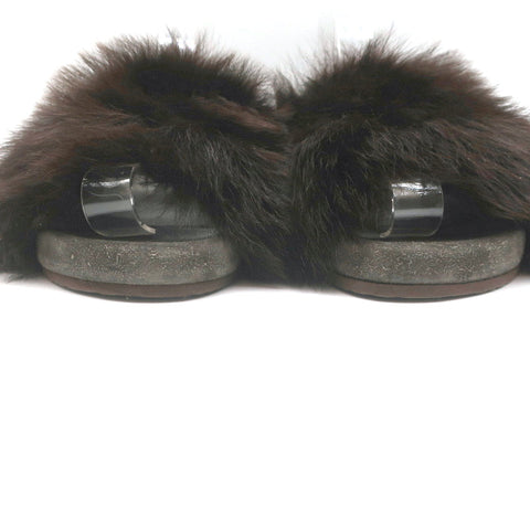 Brunello Cucinelli Monili-Trimmed Fur Slide Sandals Brown/Gray Size 41
