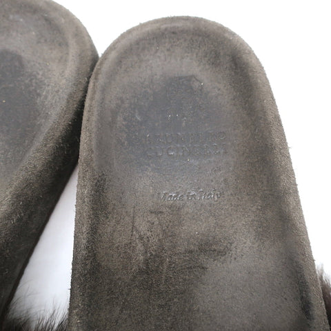 Brunello Cucinelli Monili-Trimmed Fur Slide Sandals Brown/Gray Size 41