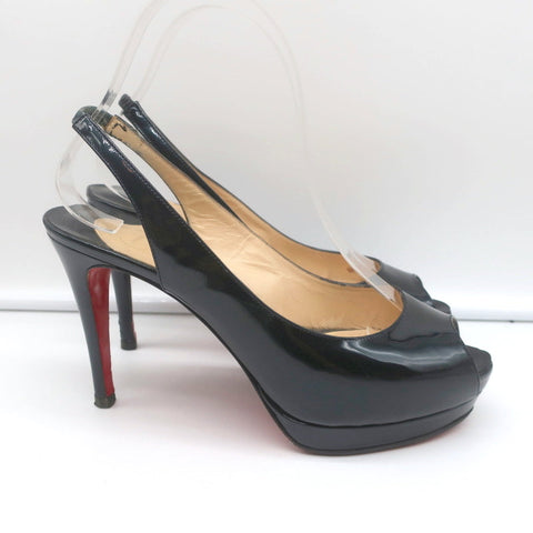 Christian Louboutin Altadama Peep Toe Slingback Heels Navy Patent Size 38