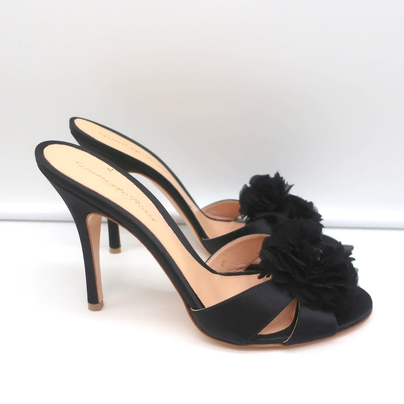 Gianvito Rossi Beaded Flower Mules Black Satin Size 39 Open Toe Heels NEW