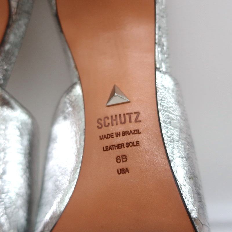 Schutz Mules Charla Silver Cracked Metallic Leather Size 6 Pointed Toe Heels