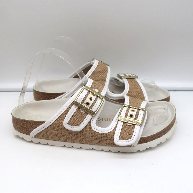Birkenstock Arizona Hex Slide Sandals Natural Jute & White Leather Size 38