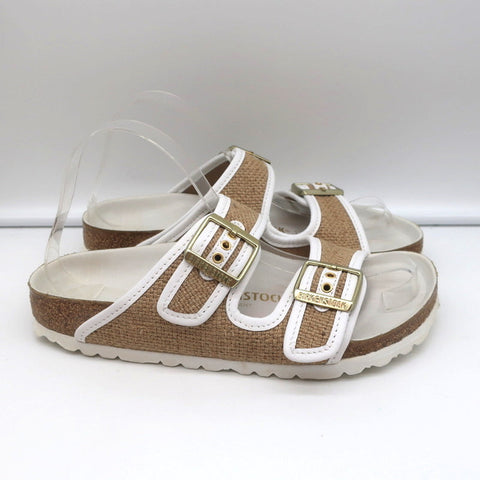 Birkenstock Arizona Hex Slide Sandals Natural Jute & White Leather Size 38