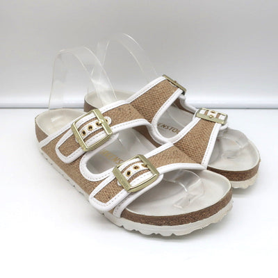 Birkenstock Arizona Hex Slide Sandals Natural Jute & White Leather Size 38