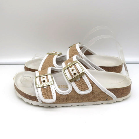 Birkenstock Arizona Hex Slide Sandals Natural Jute & White Leather Size 38