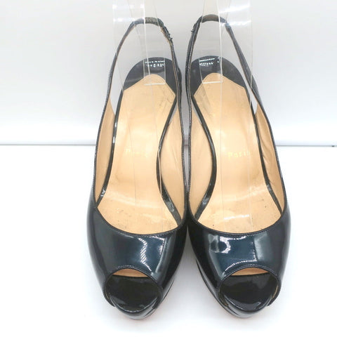 Christian Louboutin Altadama Peep Toe Slingback Heels Navy Patent Size 38