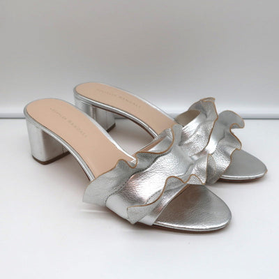 Loeffler Randall Vera Ruffle Slide Sandals Silver Metallic Leather Size 9