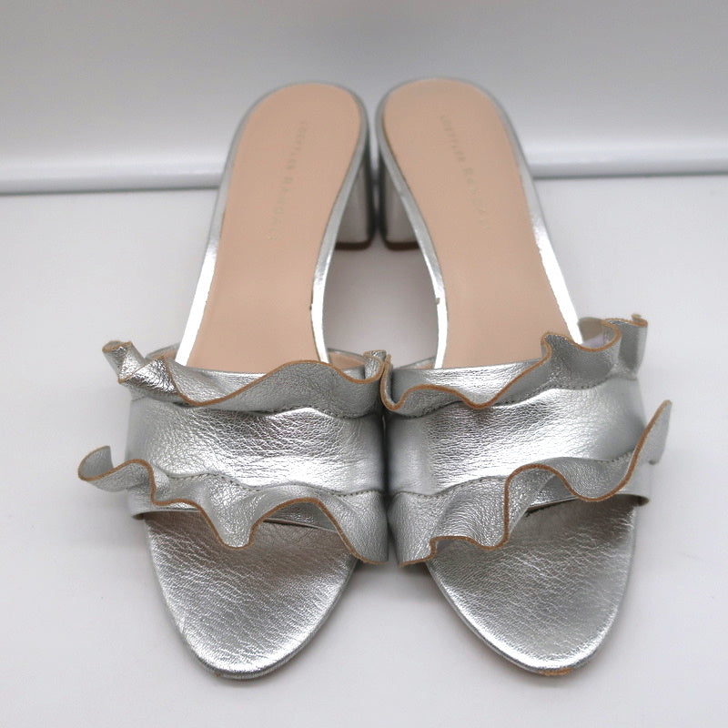 Loeffler Randall Vera Ruffle Slide Sandals Silver Metallic Leather Size 9
