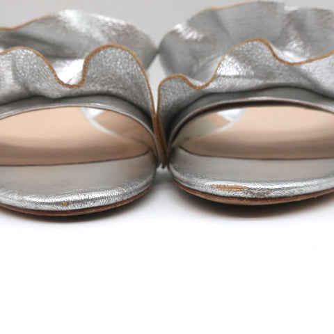 Loeffler Randall Vera Ruffle Slide Sandals Silver Metallic Leather Size 9