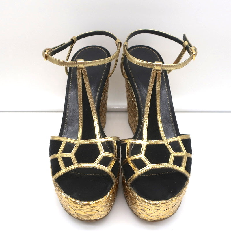 Sergio Rossi Easy Puzzle Espadrille Wedge Sandals Black Cutout Suede Size 38