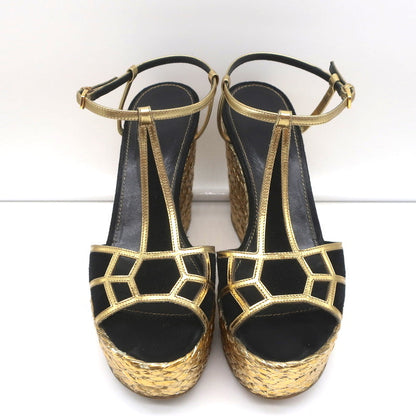 Sergio Rossi Easy Puzzle Espadrille Wedge Sandals Black Cutout Suede Size 38