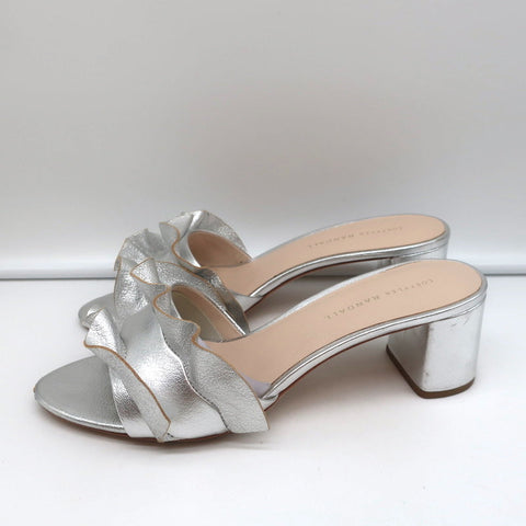 Loeffler Randall Vera Ruffle Slide Sandals Silver Metallic Leather Size 9