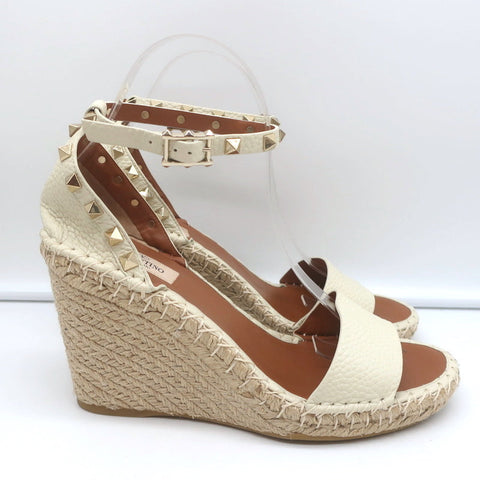 Valentino Rockstud Espadrille Wedge Sandals Cream Grained Leather Size 40
