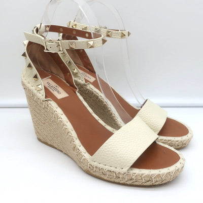 Valentino Rockstud Espadrille Wedge Sandals Cream Grained Leather Size 40
