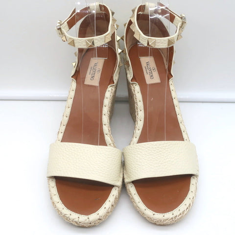 Valentino Rockstud Espadrille Wedge Sandals Cream Grained Leather Size 40